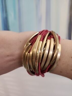 Armani Exchange Gold Disc Multi-Row Bracelet with Pink Bands